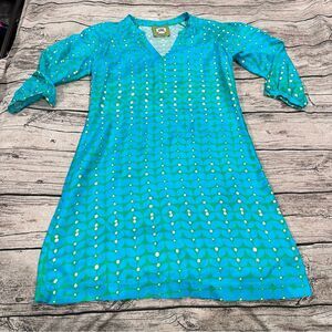 Elizabeth McKay Silk Blue 3/4 Sleeve V-Neck Dress; 60’s Geometric Pattern Size 6